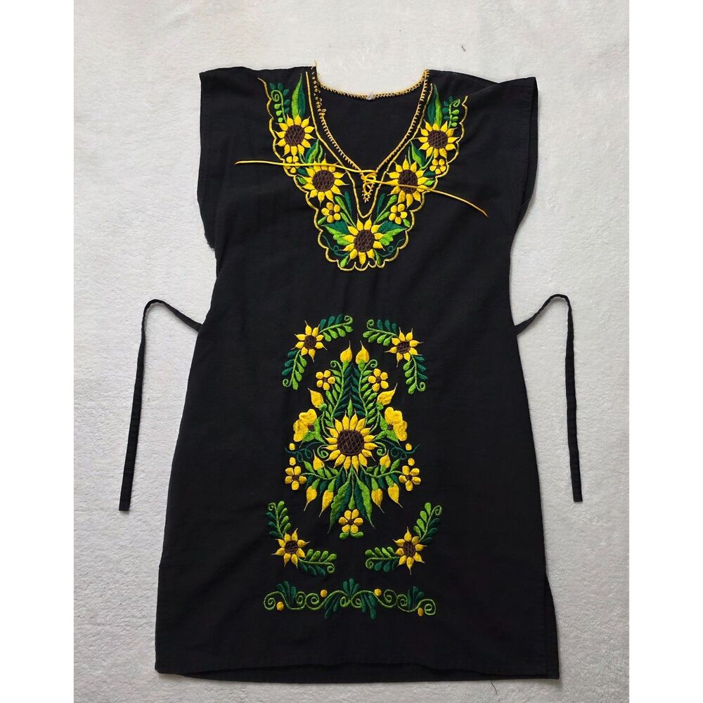 Handmade Mexican Sunflower Embroidered Cotton Dress